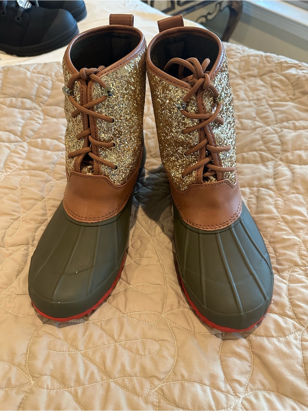 Gianni Bini Gold Glitter Lace-Up Duck Boots with Brown Trim